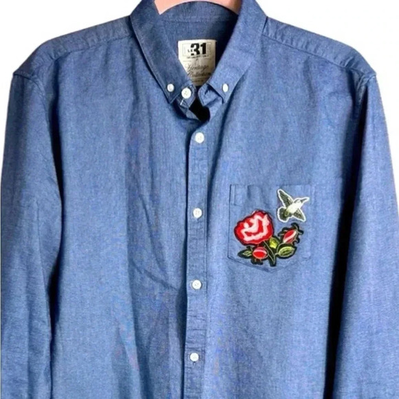 Simons jean denim button-down shirt, L, floral embroidery pocket, Unisex Western - Picture 3 of 9